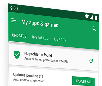 Phone screen displaying Play Protect app scanning notification in Google Play Store.